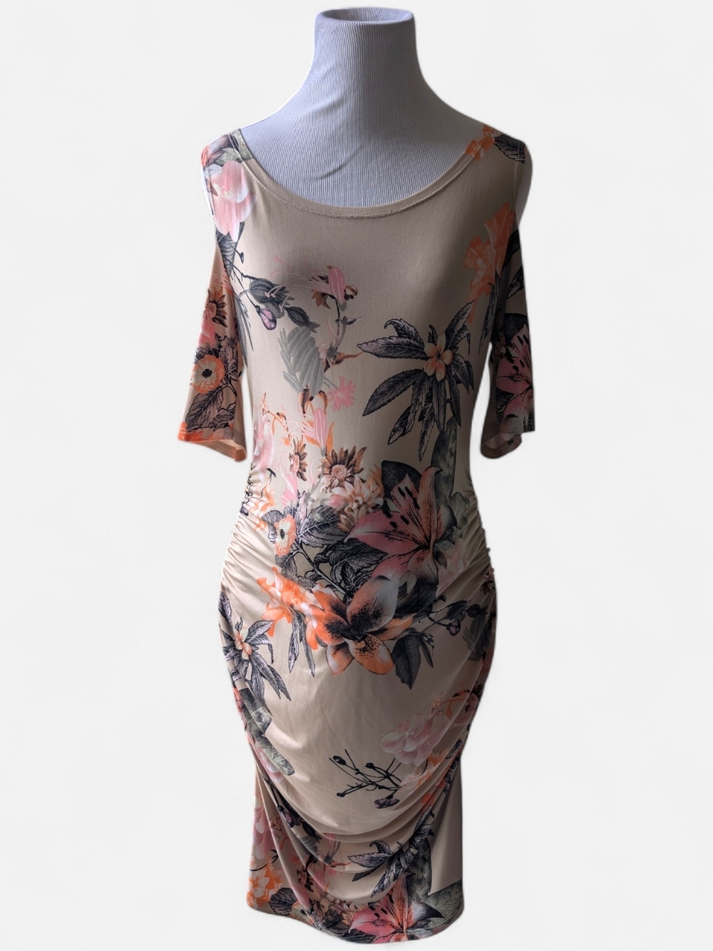 Beige Floral Cold Shoulder Ruched Maternity Midi Dress with Pink & Orange Blooms